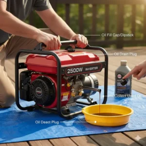 Step-by-step image showing how to perform a routine oil change on a 2500 watt portable generator.