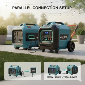 Diagram showing the proper parallel connection setup to link two smaller inverter generators, like two 2000-watt units, to achieve a total output near 4500 watts.