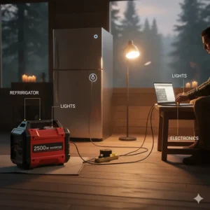Diagram showing a 2500W generator providing emergency power to essential home appliances like a refrigerator, lights, and small electronics.
