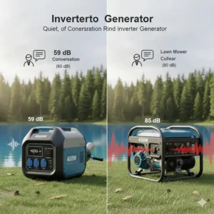 Diagram comparing the low decibel level of an inverter generator to a standard conversational volume.