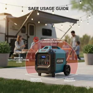 Safety diagram illustrating the minimum safe operating distance and proper ventilation required when running a portable 4500-watt inverter generator outdoors.