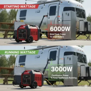 Infographic explaining the difference between the higher starting wattage and the continuous 3000 running watts of a portable inverter generator.