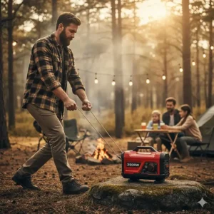 Action shot of someone easily starting the 2500W electric generator using the recoil pull-cord start mechanism.