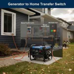 A wiring diagram showing how a 5000 watt generator connects to a manual transfer switch for safe home power restoration.