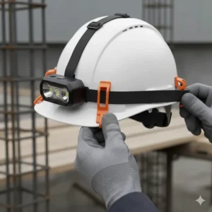 Illustration showing how to secure a headlamp to a hard hat using plastic mounting clips and rubberized straps.