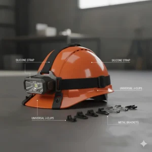 Illustration of different mounting clips and silicone straps used to secure a light to a brimmed hard hat.