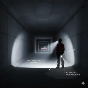 Diagram showing the long-range beam distance and floodlight coverage of a rechargeable hard hat light.