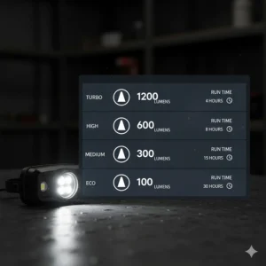 Comparison chart showing the brightness levels of different hard hat light modes from low energy-saving to high-turbo.