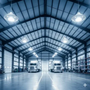 UFO-style high bay LED lights providing powerful illumination for a large commercial garage with high ceilings.