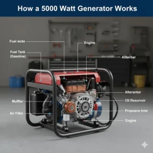 A cutaway illustration showing the engine, alternator, and fuel tank of a standard 5000 watt power generator.