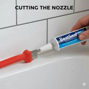 A diagram showing how to cut a caulk tube nozzle at a 45-degree angle to achieve a smooth bead of sealant.