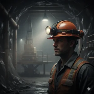 An intrinsically safe hard hat headlamp designed for use in hazardous mining and oil rig environments.