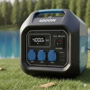 Close-up of the 4000 watt inverter generator's control panel, detailing the various AC and DC outlets and circuit breakers.