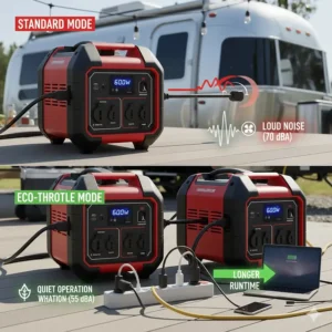 Graphic comparing standard generator operation versus the fuel-saving Eco-Throttle mode on a 3000 watt inverter generator, showing lower RPM and reduced noise.