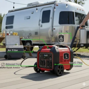 Diagram of a 3000 watt inverter generator highlighting key maintenance points like the oil fill, air filter, and spark plug access.
