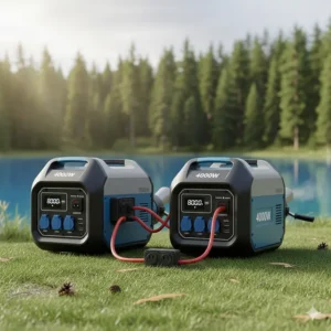 Two identical 4000 watt inverter generators connected together using a parallel kit to double the power output.