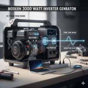 Diagram showing the three-phase process of a 3000 watt inverter generator producing clean, stable pure sine wave power, ideal for sensitive electronics.