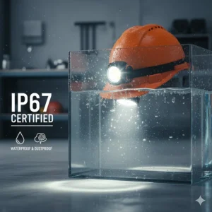 An icon-based graphic demonstrating the IP67 waterproof and dustproof rating of an industrial hard hat light.