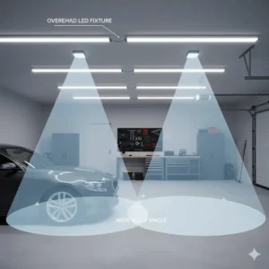 Diagram showing wide-angle light distribution of overhead LED fixtures in a two-car garage.