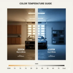 An infographic showing the difference between 3000K warm white and 6500K cool white LED garage light strips.