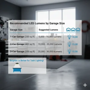 A chart illustrating recommended lumen counts for the best LED garage lights based on square footage.