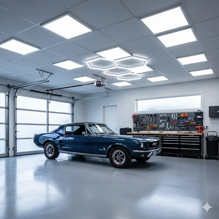 A modern home garage interior illuminated by bright daylight-white LED lights installed on the ceiling. led lights for garage ceiling