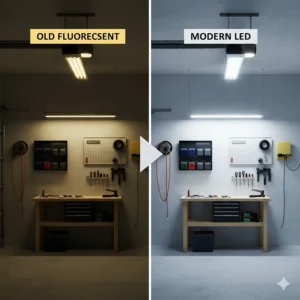 Comparison of brightness between traditional fluorescent tubes and modern LED shop lights.
