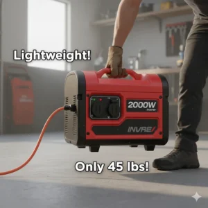 A person easily lifting the lightweight 2000 watt generator using the ergonomic carrying handle, emphasizing portability.