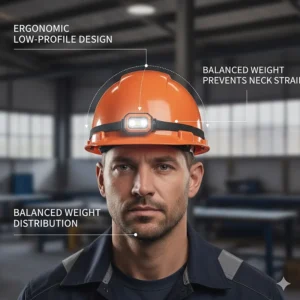 Illustration showing the ergonomic weight distribution of a low-profile hard hat light to prevent neck strain.