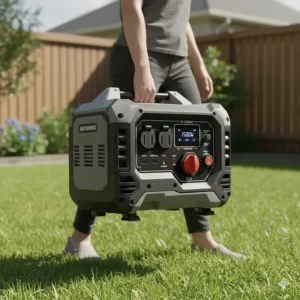 A person easily carrying the lightweight, portable generator by its sturdy top handle.