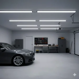 Series of linkable LED light bars mounted to a garage ceiling for continuous illumination.