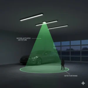 Illustration of motion sensor detection range for ceiling-mounted LED garage fixtures.