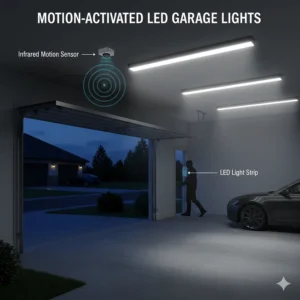 An illustration showing an LED garage light strip activating via an infrared motion sensor at the garage entrance.
