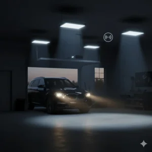 An illustration of a motion sensor LED light detecting a car entering a dark garage and automatically switching on.