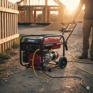 A user easily pulling the 3600W portable generator using its durable wheel kit and fold-down handle.