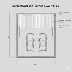 A top-down blueprint illustration showing the optimal placement for LED garage light strips in a standard 20x20 garage.