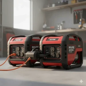 Diagram showing how to use a parallel connection kit to link two 2000W generators for double the power output.