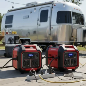 Illustration of two 3000 watt inverter generators connected using a parallel kit to double the running wattage for increased power capacity.