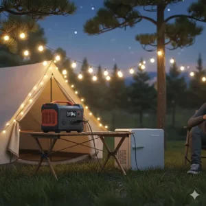 A portable 1000 watt solar generator being used at a campsite to power a string of lights and a mini-fridge inside a tent.