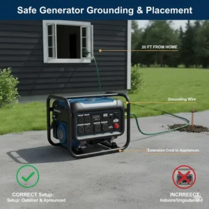 An infographic showing the proper outdoor placement and grounding procedure for a 5000 watt portable generator.