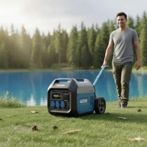 A person easily pulling the portable 4000 watt inverter generator using its built-in handle and wheels.