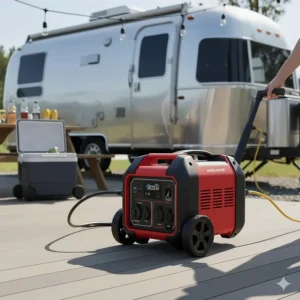Image emphasizing the portability of a 3000 watt inverter generator, showcasing its telescoping handle and heavy-duty wheels.