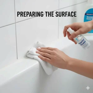 An illustration demonstrating how to clean and dry a bathtub rim to ensure the new caulk adheres properly.