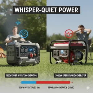 Graphic illustrating the low decibel rating of a quiet 1500 watt inverter generator compared to standard models.