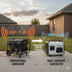 Graphic representing the low noise output (decibels) of a quiet 3500-watt inverter generator compared to a conventional model.