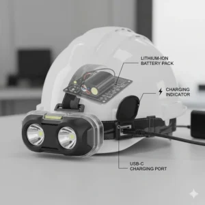 Diagram of a rechargeable hard hat headlamp featuring a USB-C charging port and a lithium-ion battery pack.