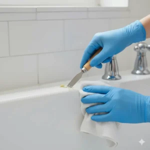 Close-up of a hand using a small scraper to remove tiny bits of remaining caulk residue from a tile joint.