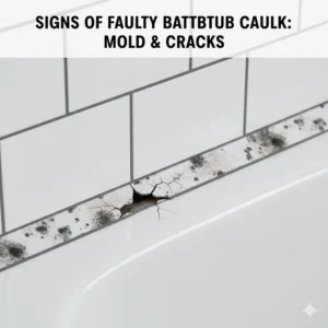 An illustration showing black mold spots and cracking on old bathroom sealant, indicating it is time to replace the bathtub caulk.