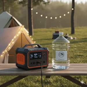 A size comparison image showing the compact physical dimensions of the 1000 watt solar generator next to a common object like a gallon of water.