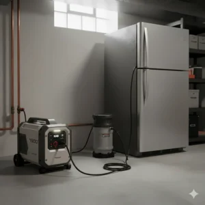 A compact 1500 watt generator connected to a refrigerator and sump pump, illustrating its use as emergency home backup power.